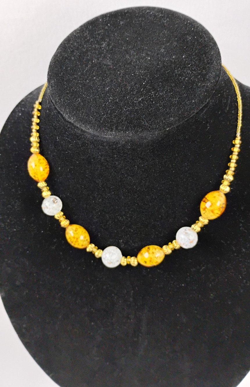 Amber White Glass Bead Choker Necklace Gold Tone Station Adjustable 16-19"